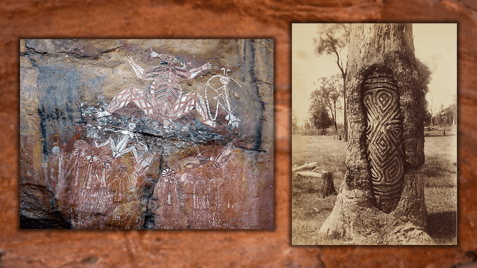 Aboriginal Rock Art, Anbangbang Rock Shelter, Kakadu National Park, Australia & Aboriginal carved trees, photographed by Henry King (ca.1889-1894)