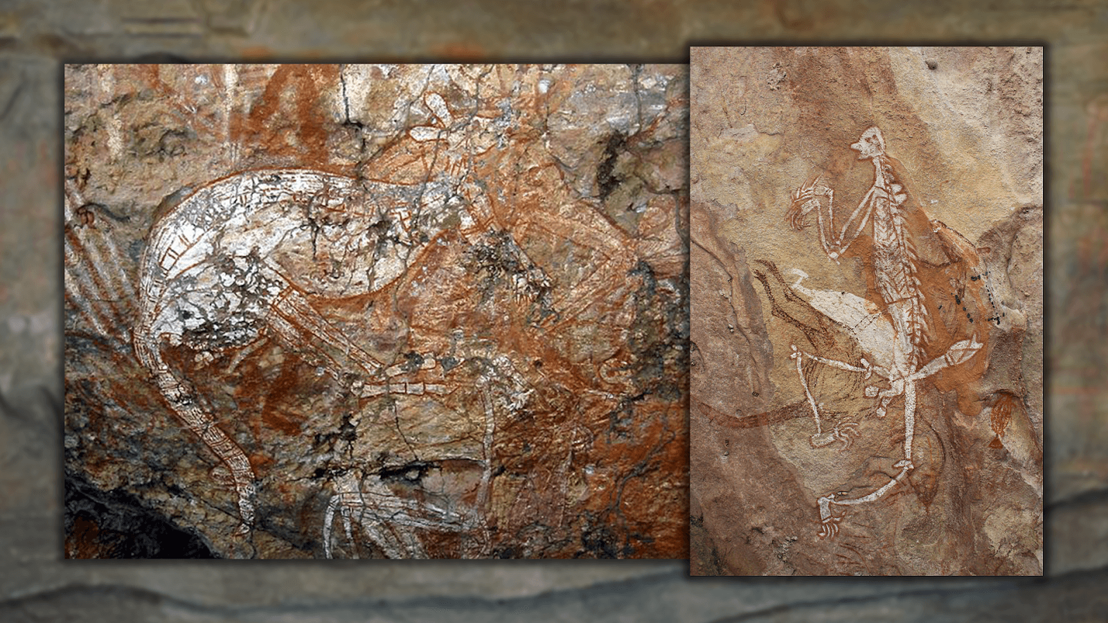 Aboriginal Rock Art, Anbangbang Rock Shelter, Kakadu National Park, Australia & Spirit figure on ceiling